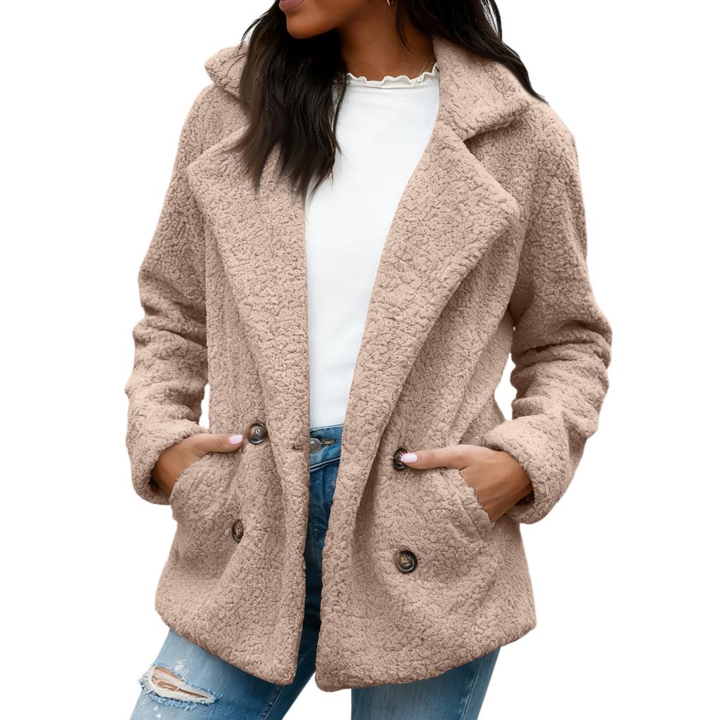 Ladies' Fashionable Lapel Long Sleeved Button With Pockets Plush Solid Color Jacket