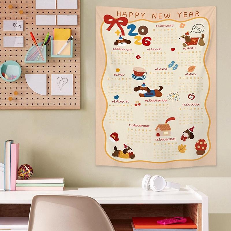 2026 Calendar Tapestry Hanging Cloth New Year Christmas Room Decoration Cartoon Animal Wall Background Hanging Cloth Decor