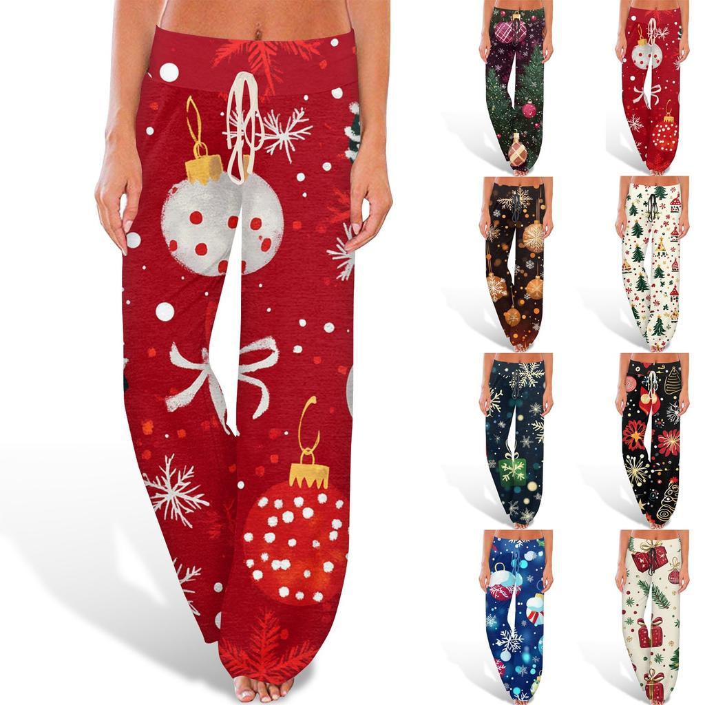 Women's Comfortable Sleeper Pants Christmas Printed Drawstring Wide Leg Pants Casual Pants