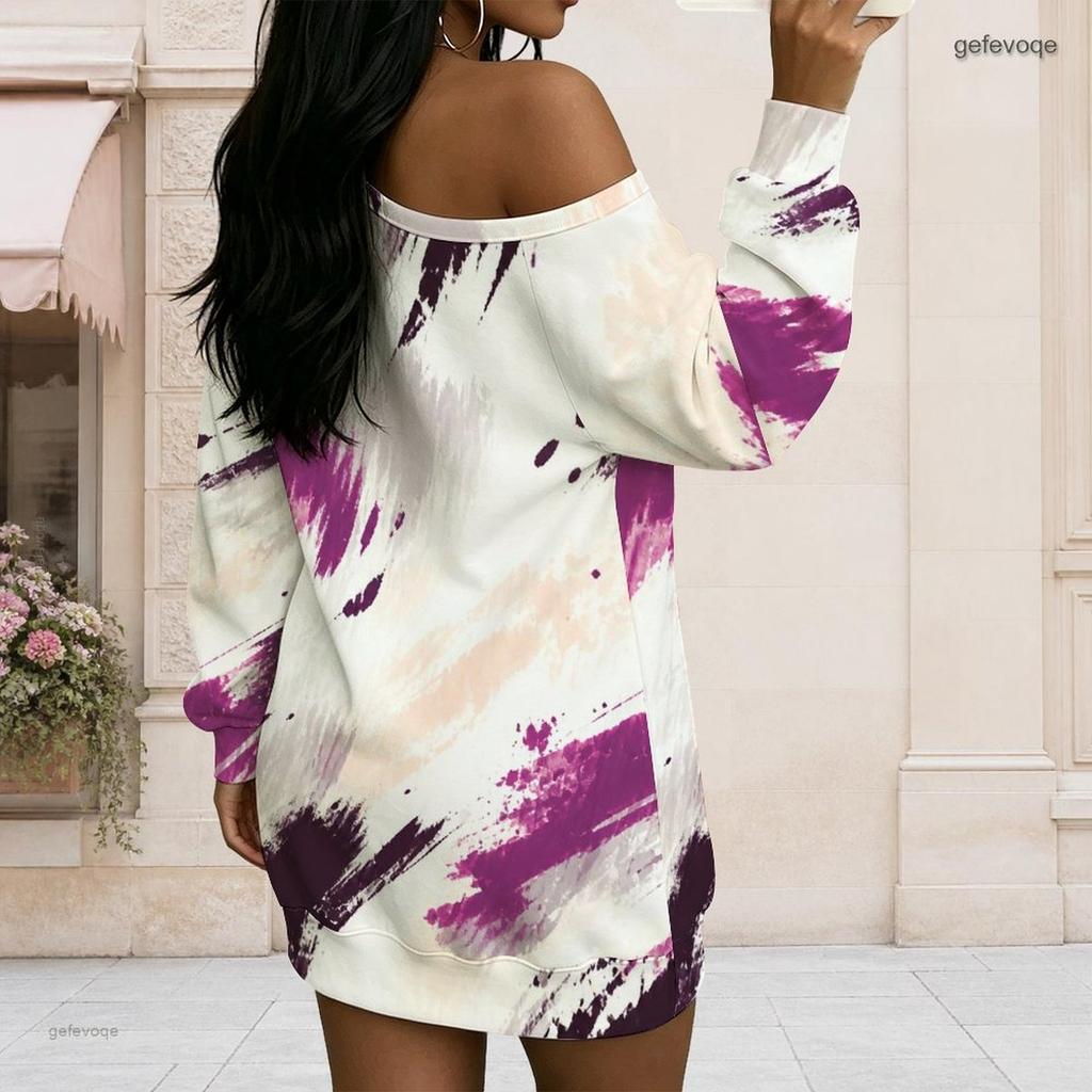 Women Plus Size Off Shoulder Long Sleeve Blue Gold Marble Print Loose Short Dress