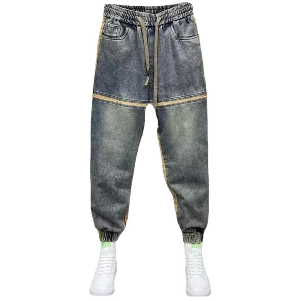 Korean-Style Men's Elastic Waist Drawstring Jeans: Trendy, Handsome, Splicing Harem Pants with Wide Leg Skinny Fit for Autumn/Winter.