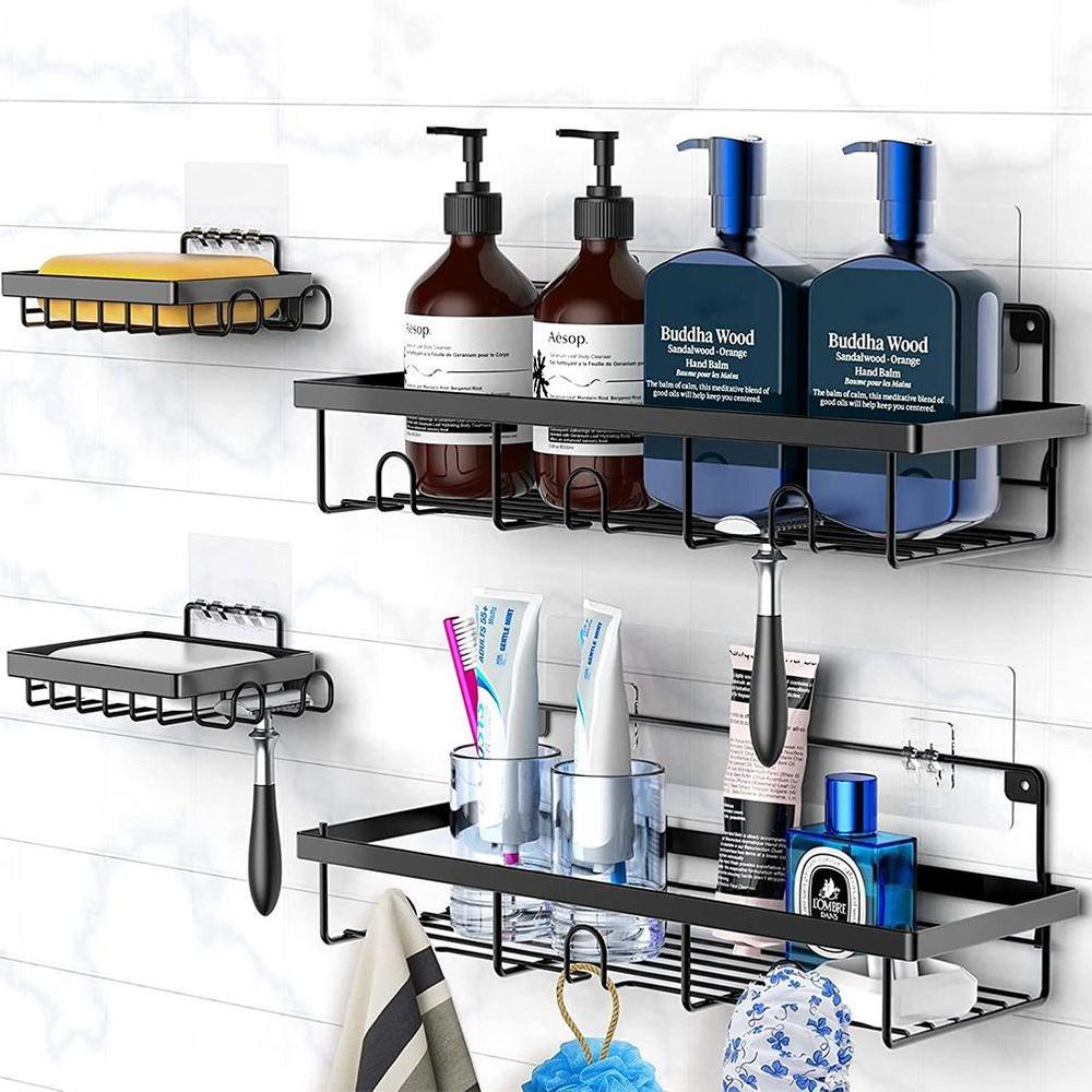 4x Metal Black Self-Adhesive Wall Mounted Bathroom Shower Shelf