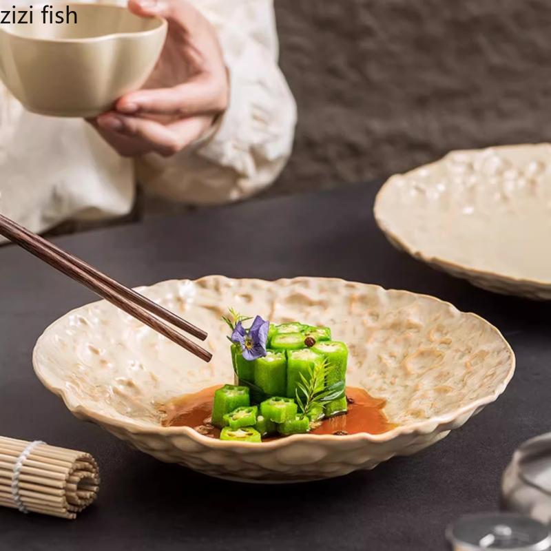 Light Yellow Ceramic Dining Plate Soup Plates Fruit Salad Bowl Pasta Dish Serving Plate Sashimi Plates Noodle Bowl Dim Sum Dish
