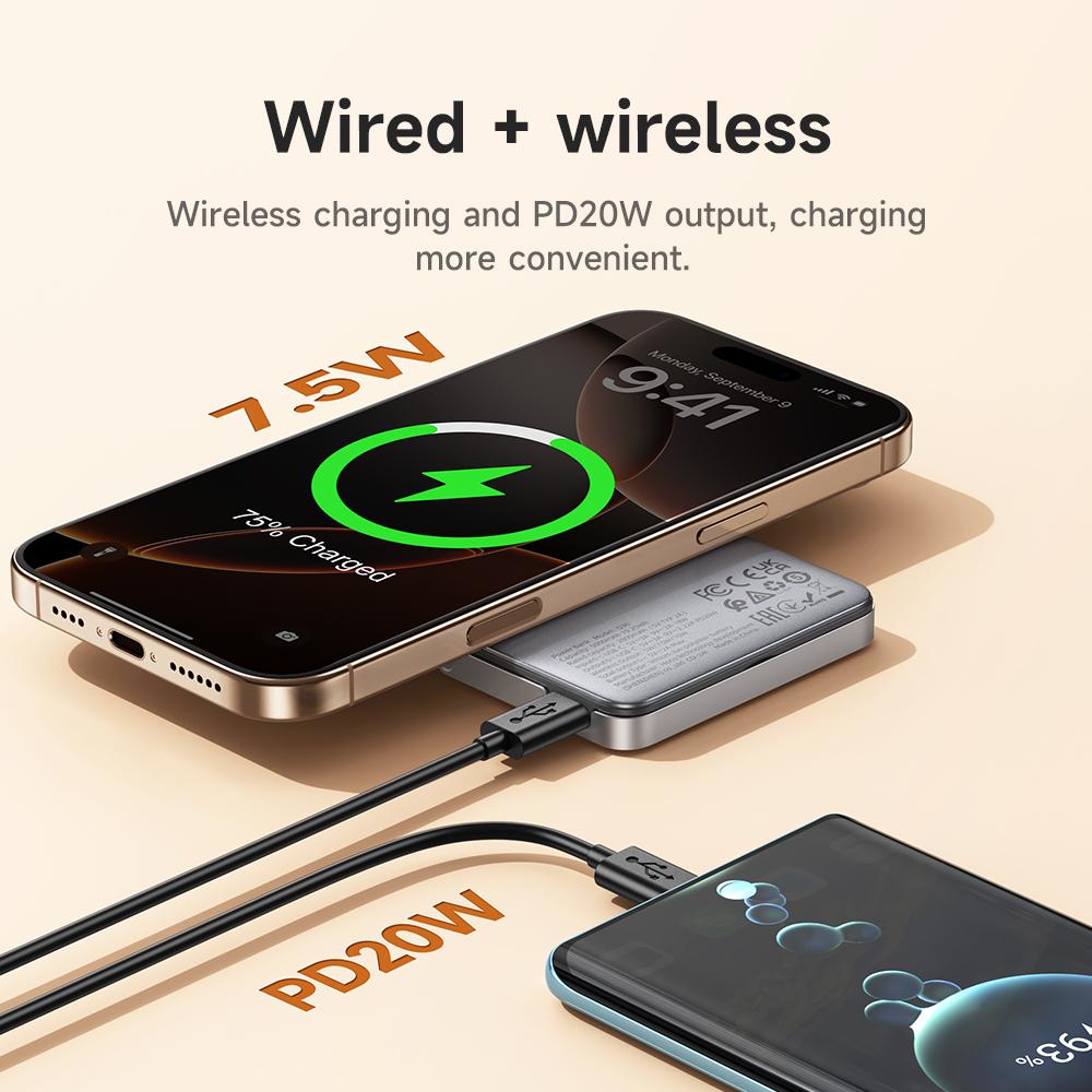 Hoco. Q36 5000mAh Magnetic Wireless Power Bank with PD20W & holder, lightweight&Compatible with MagSafe,led battery indicator