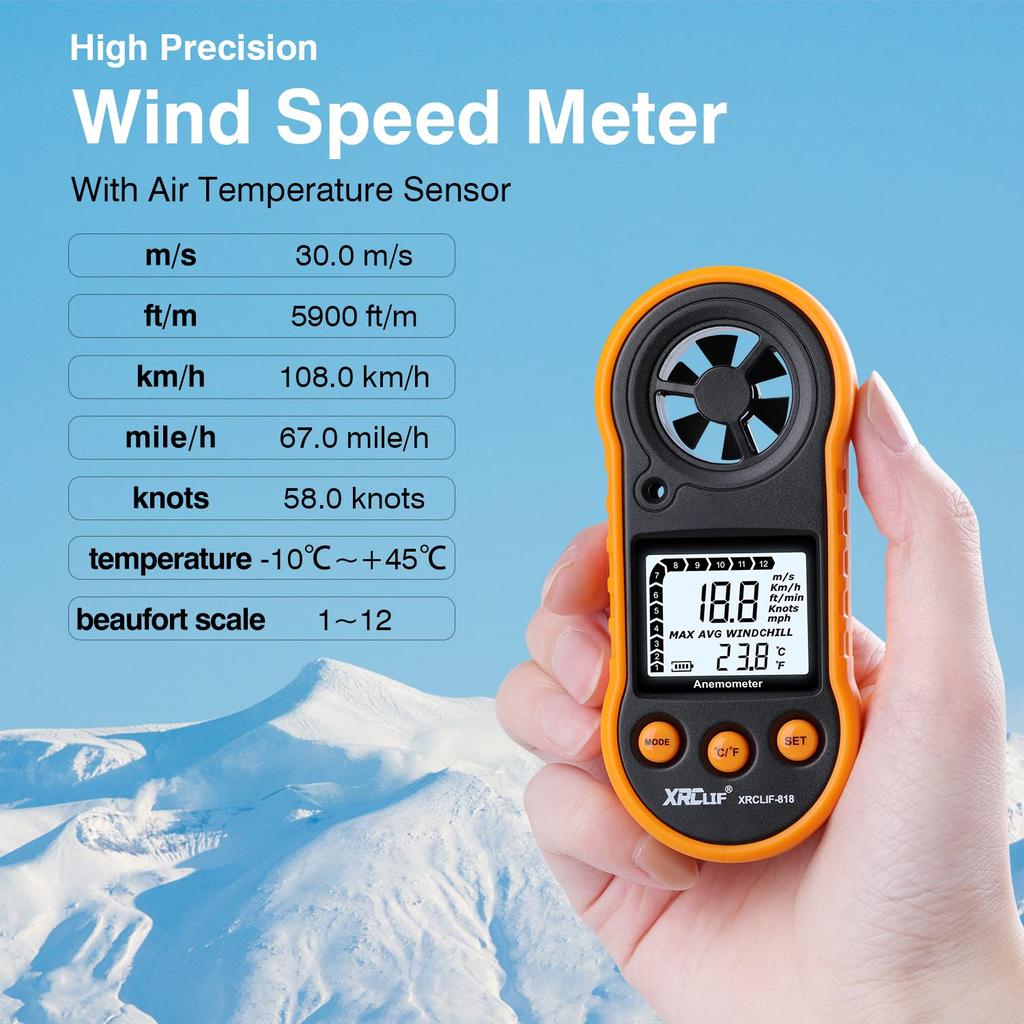 Digital Handheld Wind Speed Meter for Measuring Wind and for and More Anemometer, Chill, Temperature, Velocity, Yellow, Windsurfing, Fishing,