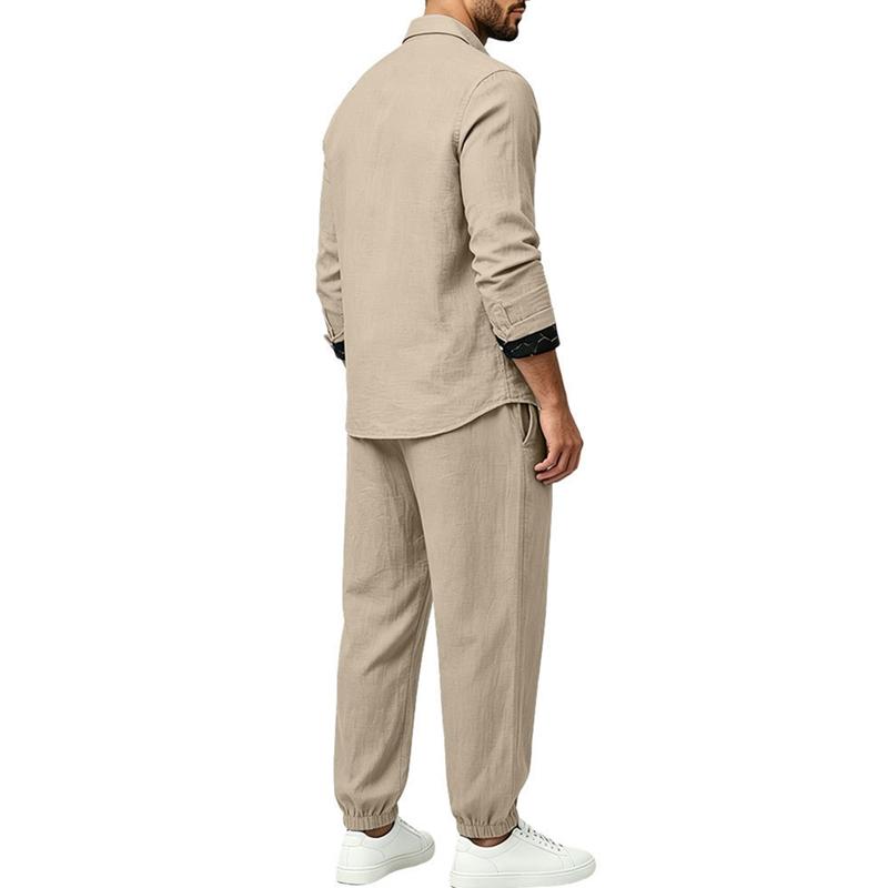 Men's 2‑Piece Linen‑Blend Set, Long‑Sleeve Button Shirt with Contrast Pattern Trim & Chest Pocket, Drawstring Jogger Pants Breathable Casual Outfit
