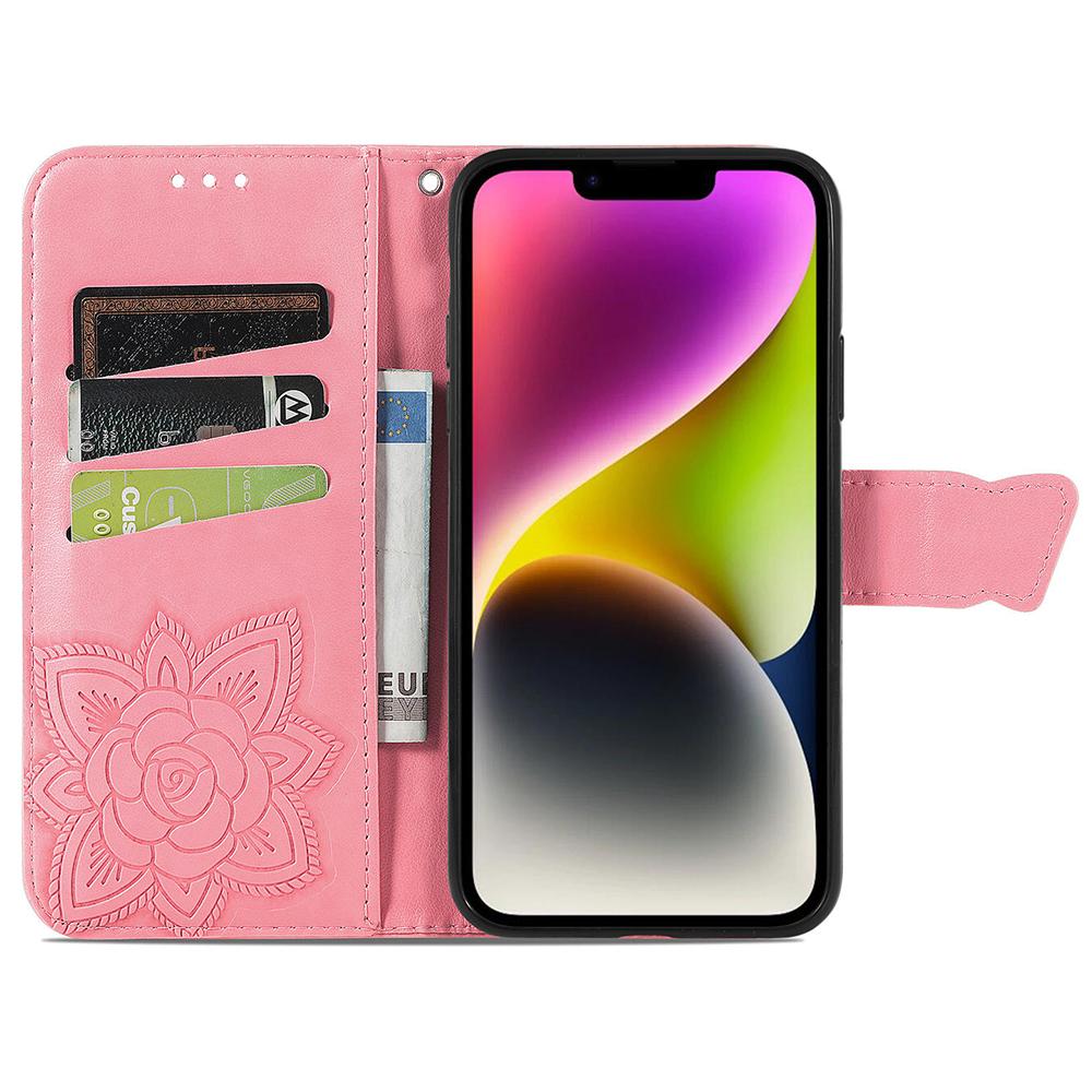 

For iPhone 15 Butterfly Imprinted Phone Leather Case Wallet Stand Phone Cover Pink