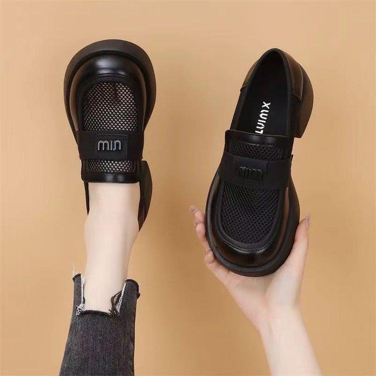 British style breathable mesh women's models 2025 spring new hollow loafers small leather shoes square heel one pedal single shoes