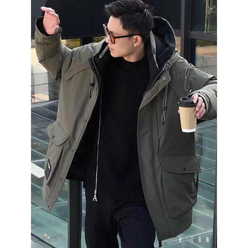 2025 Men's Black Hooded Mid-Length White Duck Down Parka