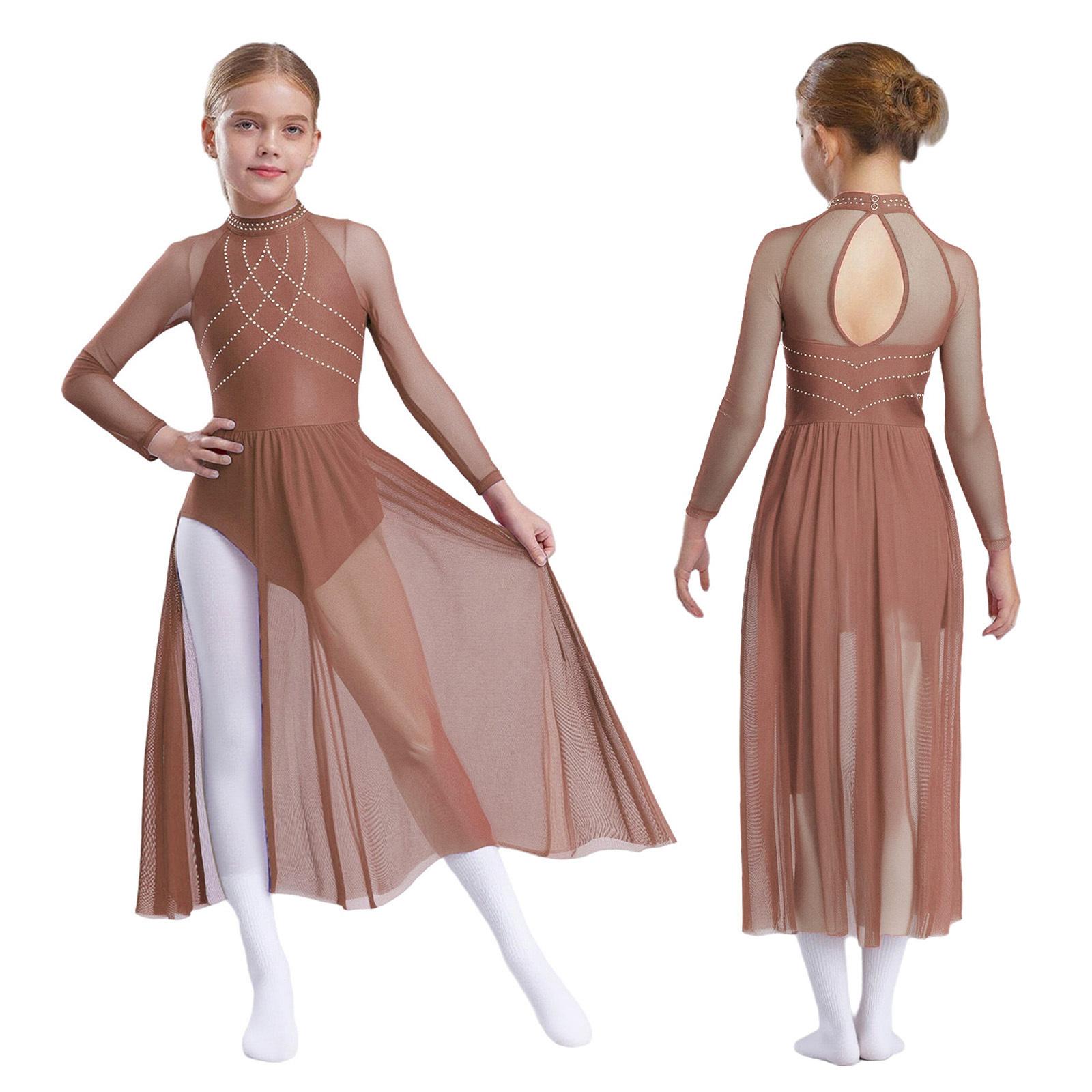 

Платье для лирического танца для девочек, блестящие стразы, прозрачная сетчатая вставка, вырез-капелька сзади, длинный рукав, трико 7-8 Years пастельные розовый