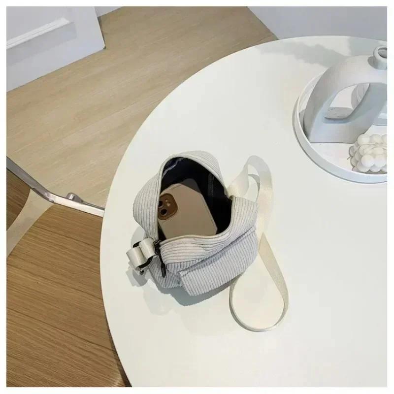 Casual Zipper Corduroy Crossbody Bag Cute Shopping Bags Women Single Shoulder Bag Phone Pouch Striped Cloth Fabric Handbags