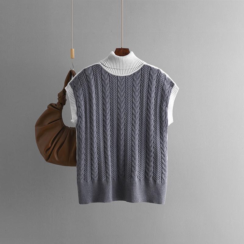2024 Autumn/Winter Women's Color Block Sleeveless Cable Knit Pullover Sweater