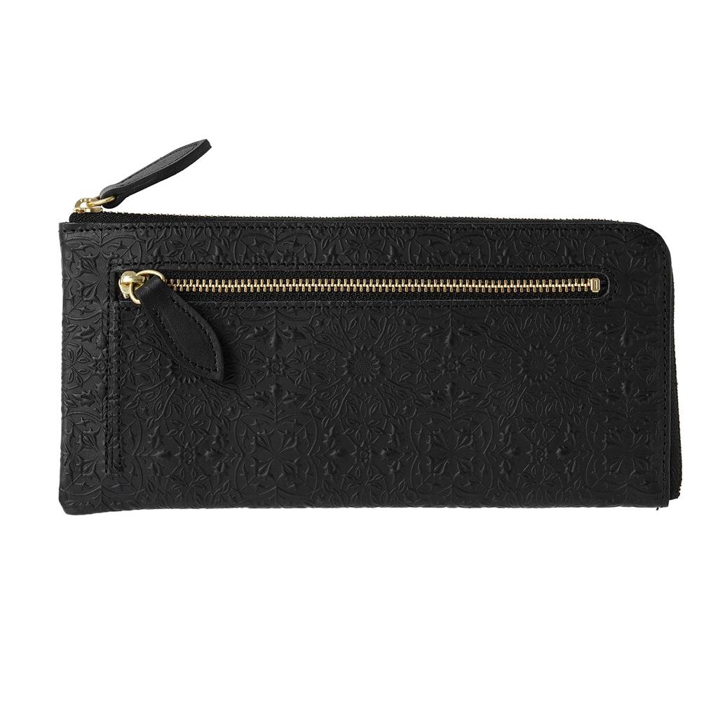 [HIRAMEKI.] Genuine Leather Wallet for Men and Women, L-Zip Long Wallet, Morris Classic, Slim, William Morris Art (Black)