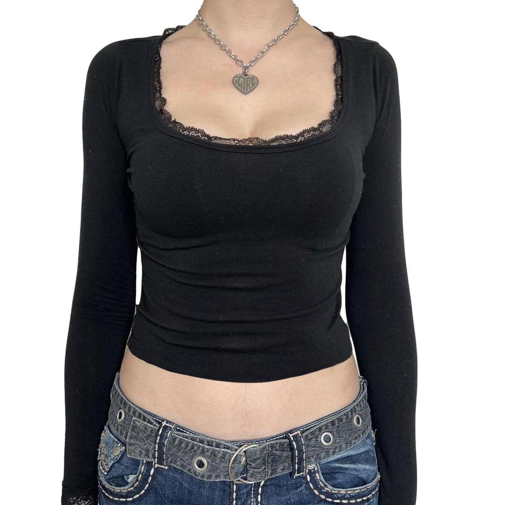 Women's Long Sleeve Square Neck Lace Trim Slim Fit T-shirt