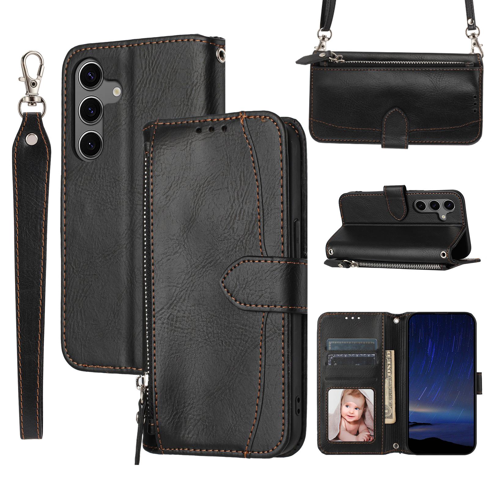 

For Samsung Galaxy S25+ Case Zipper Pocket Leather Phone Cover with Crossbody Shoulder Strap Black