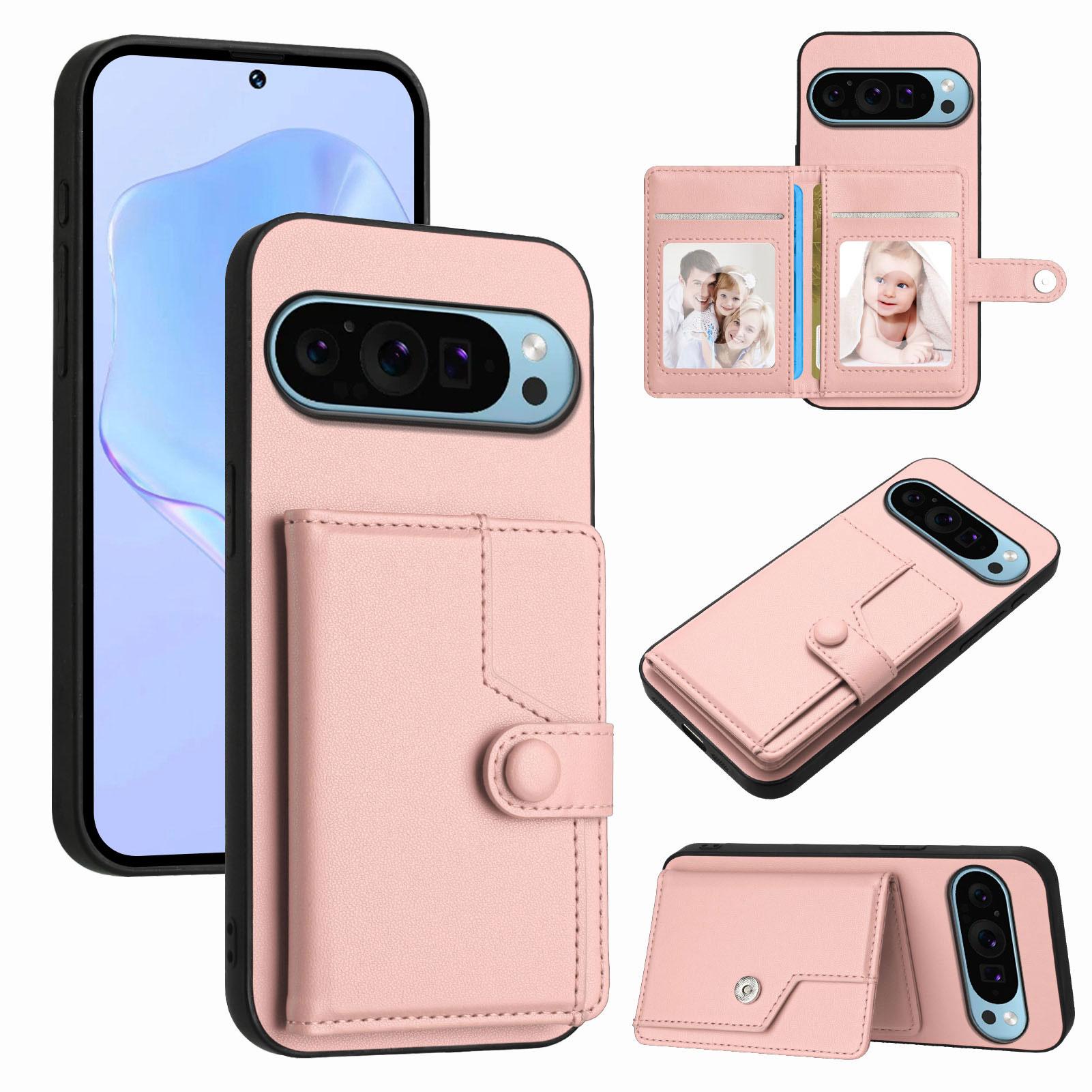 

For Google Pixel 9 Pro Case RFID Blocking Card Holder Kickstand TPU+PU Leather Phone Back Cover Rose Gold