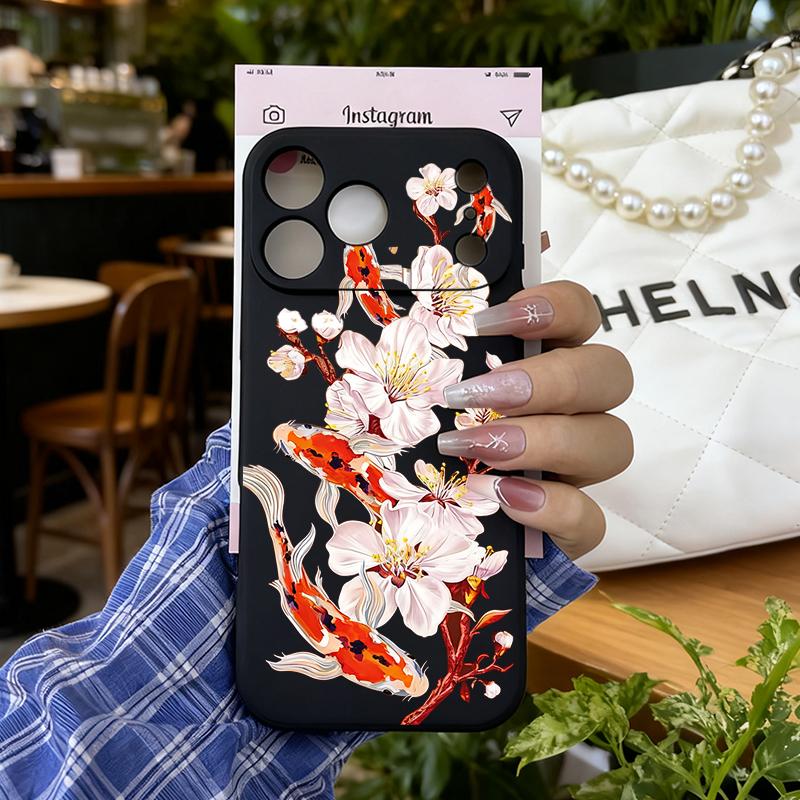 Luckly Koi Goldfish Bloosom Flower Phone Case for IPhone 17 AIR 11 12 13 14 15 16 Pro Max 13Mini Art Koi Carp Soft Silcone Cover
