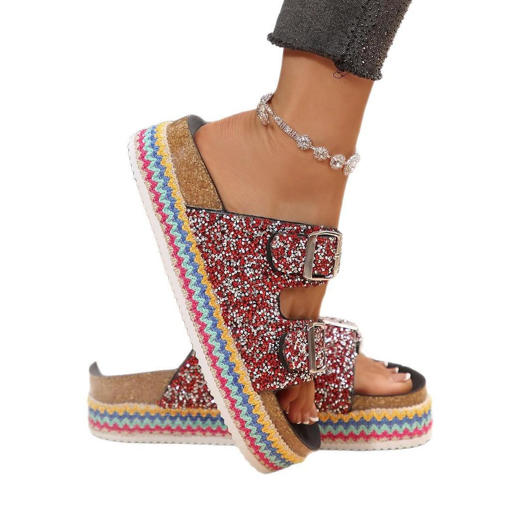Plus Size Sequin Buckle Cork Slides - Outdoor Double Buckle Sandals