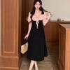 Summer French Style Splicing Contrasting Color Bubble Sleeve Pleated Dress Women's Slim Lace-up Knee A-shaped Long Dress