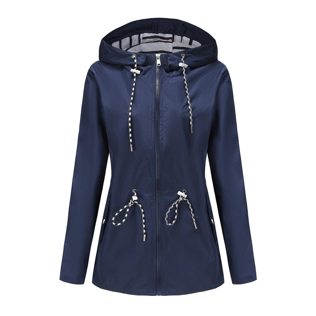 Women's Long Sleeve Hooded Jacket Drawstring Loose Fit Casual Windbreaker Raincoat Outerwear