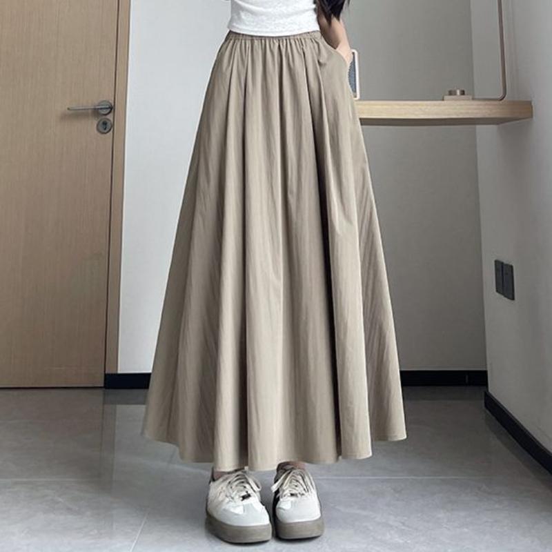 

Женская юбка макси А-силуэта с высокой талией из ледяного шелка - Летний расклешенный силуэт «зонтик» с драпированной полуюбкой L