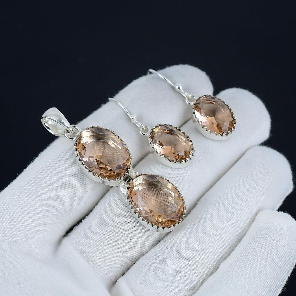 Morganit Anhänger Set, Morganit Edelstein Handgemacht 925 Sterling Silber Ohrring Anhänger Set für Frauen Anhänger Watte Geschenk