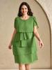 2026 Plus Size Summer Chiffon Cake Skirt Dress - Tummy Concealing, Solid Color