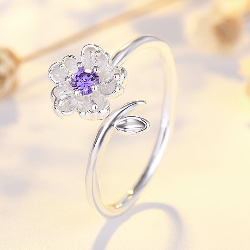 Qiao Lan Xuan Cherry Blossom Diamond-Studded Silver Adjustable Ring - Korean & Japanese Style for Women and Students