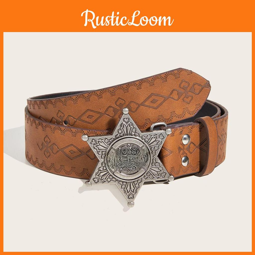 Silver Letter Star Buckle Texture Printed Pattern Belt For Both Men Women And