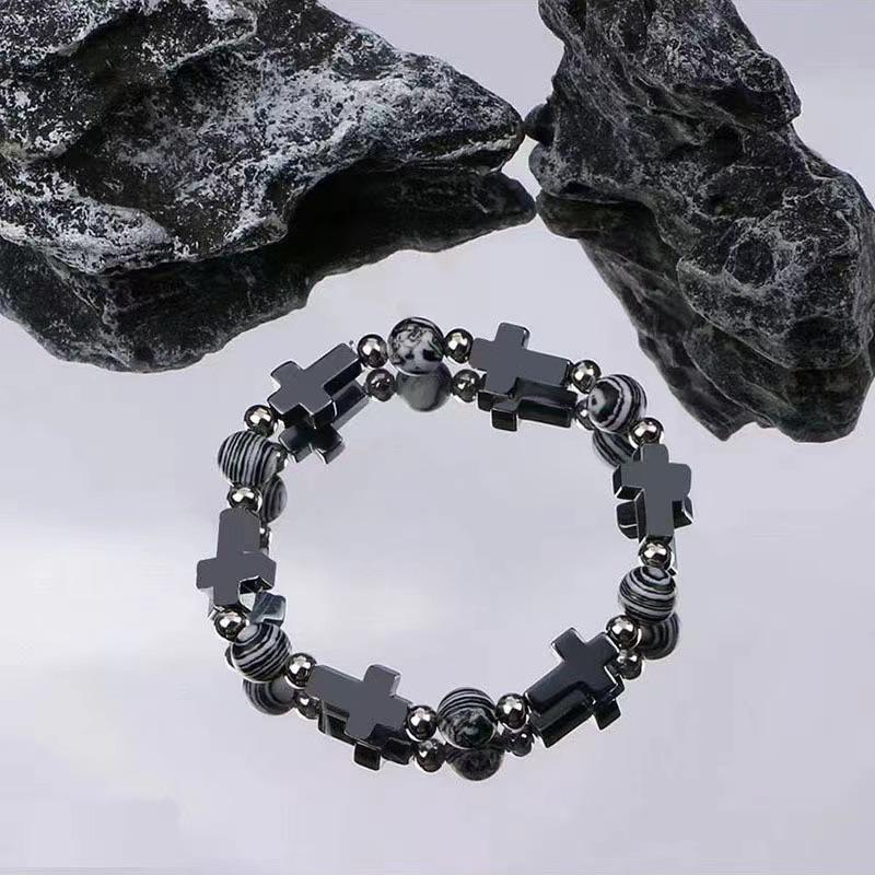 

Natural Stone Cross Black Beaded Bracelet For Couples Minimalist Cold Style Wind