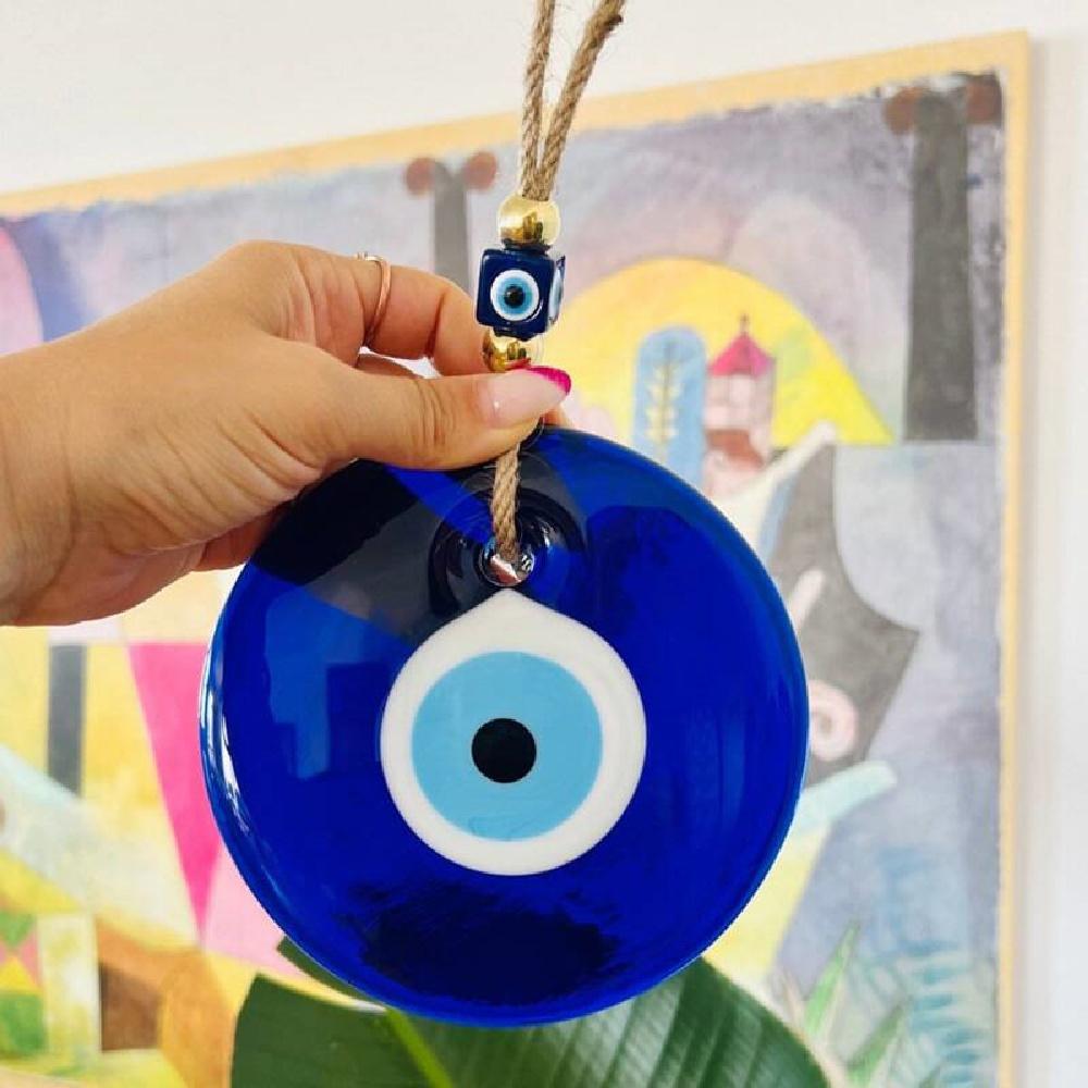 Bohemian Evil Eye Glass Wall Hanging, Turkish Nazar Amulet With Jute Rope, 2 Sizes For Home & Car Decor