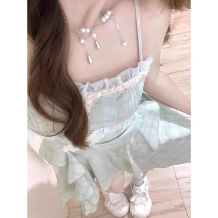 Sweet Spice Girl Lotus Leaf Sling Dress Fairy Summer Floral Skirt Irregular Temperament Seaside Beach Dress S светло-зеленый