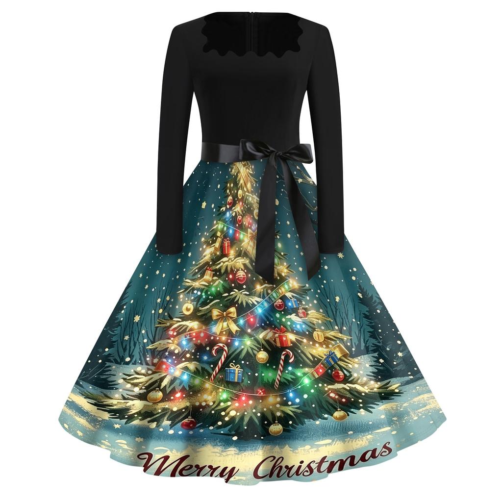 Women's Casual Vintage Dress with Square Neck and Christmas Print for Holiday Party