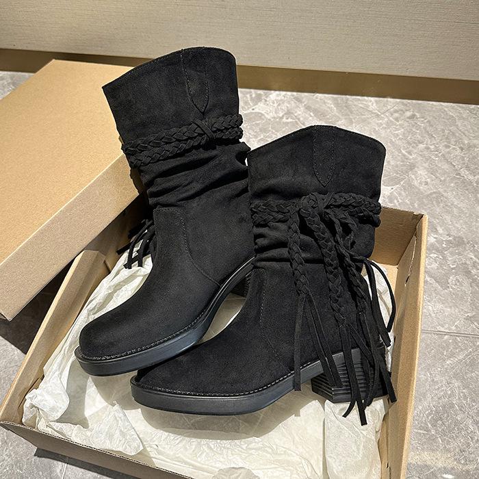 

Жике~ коричневые ботинки Мартин на толстой подошве 2025 новые ботинки в стиле вестерн ковбойские средней высоты женские ботинки для юбки 43 чёрный