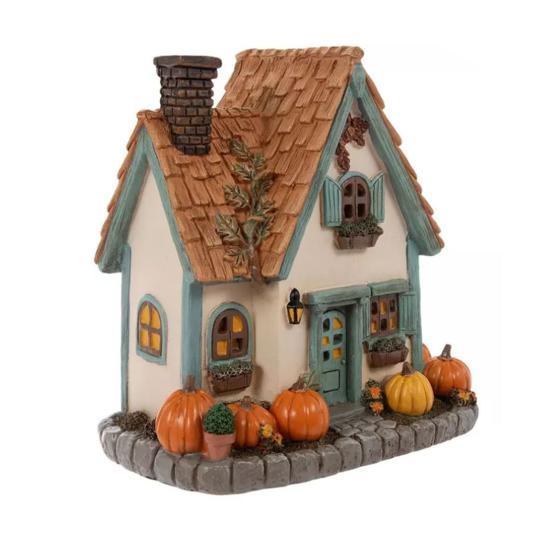 Kürbishaus Miniatur, Harz Herbsternte Dekoration mit handgeschnitzter Kacheltextur und Kürbisdetails, Retro Britisches Holzhaus für Halloween