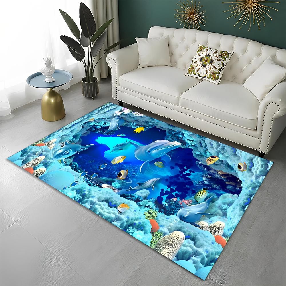 3D Seabed Illusion Underwater World Carpet Rug for Home Living Room Bedroom Sofa Doormat Decor,kids Area Rug Non-slip Floor Mat