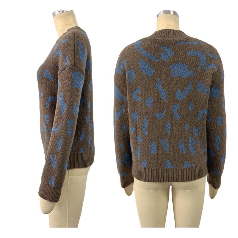 Women S Fashion Round Neck Long Sleeve Pullover Sweater Leopard Print