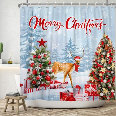 Christmas Village Winter Bathroom Decorative Shower Curtain Xmas Tree Gifts Bells Waterproof Home Shower Curtain with Hooks