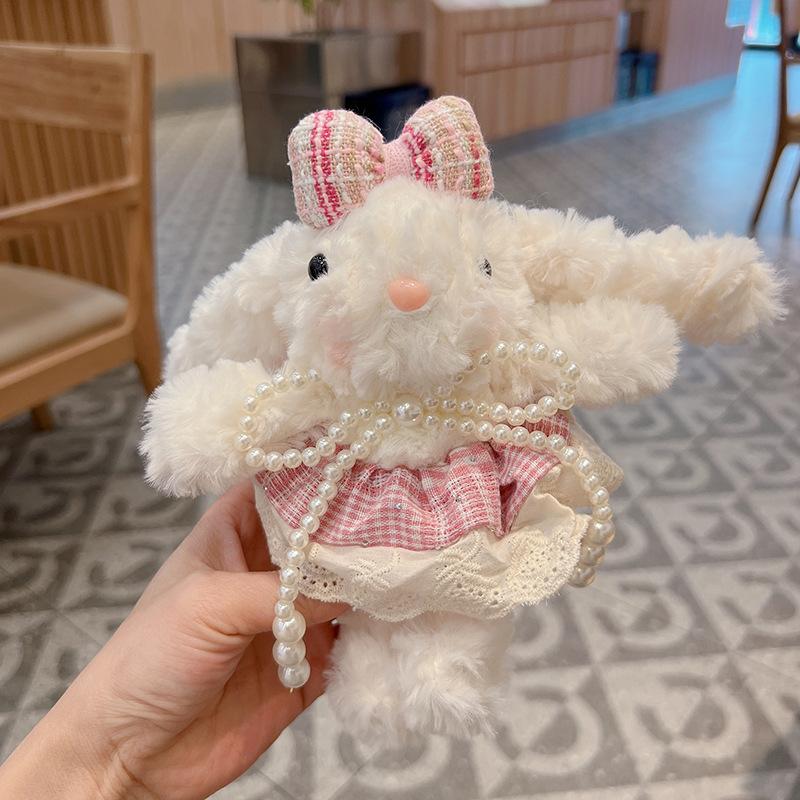 Rabbit Plush Keychain with Pearl Bowtie for Women, Lace Plaid Skirt Design, Long Ear Bunny Pendant for Bag Car, Friendship Gifts