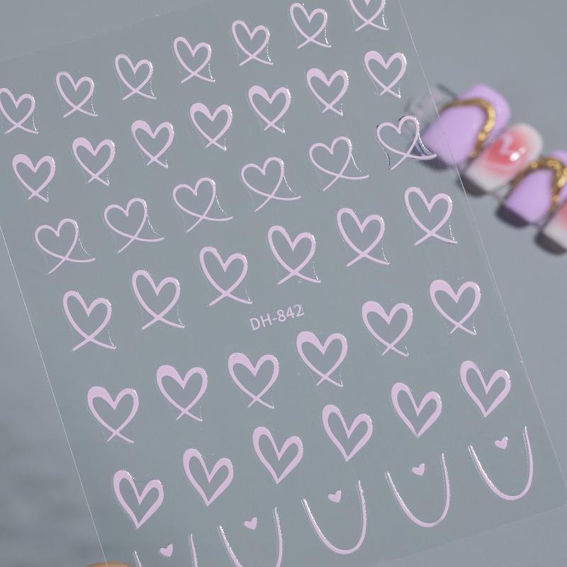 1 Sheet Nail Art Stickers 3D Cute Heart White Gold Silver Lines Love Heart Nail Decals Diy Adhesive Slider Manicure Decorations