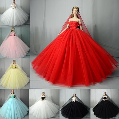 Elegantes Brautkleid mit U-Boot-Ausschnitt, Tutu-Kleid, langes Abendkleid für 30 cm große Puppen