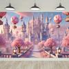 Castle Fantasy Tapestry Pink Cherry Blossom Hot Air Balloon Dreamy Landscape Wall Art For Girls Room Nursery Decor