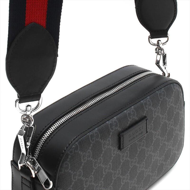 Gucci Vintage Logo Stripe Web Leather Logo Canvas And Leather Camera Bag Men Shoulder Bag Black Gray 574886-K5RLN-1095
