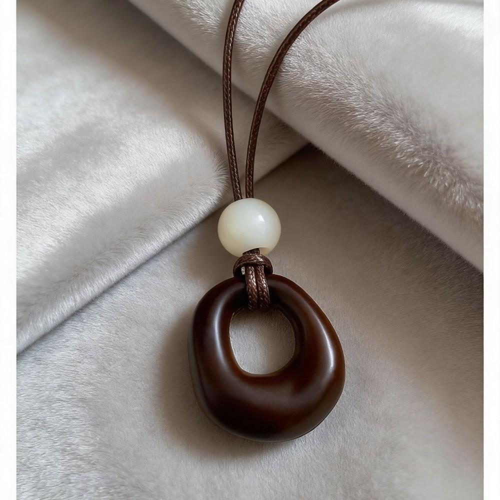 Leather Rope Geometric Pendant Necklace Adjustable Length Sweater Chain  Women