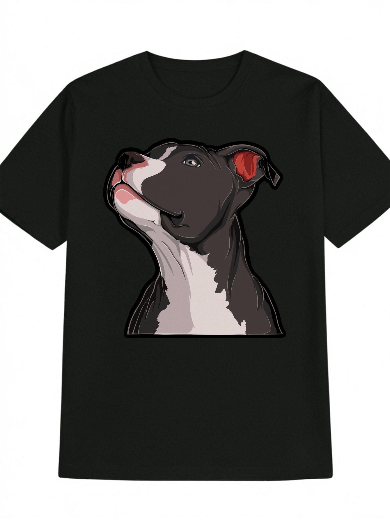 Summer Casual Crew Neck Polyester Animal T-shirt - Black with White & Red Dog Design S