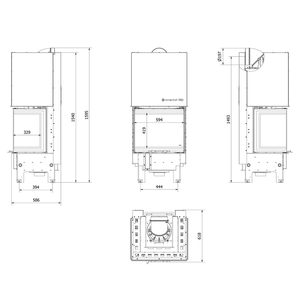 Steel Fireplace KRATKI REGNOR 600/400 7 kW Ø 200 3-sided, Black Thermotec