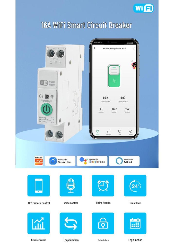 16A Smart WiFi Circuit Breaker with Remote Control, Timer, and Leakage Protection