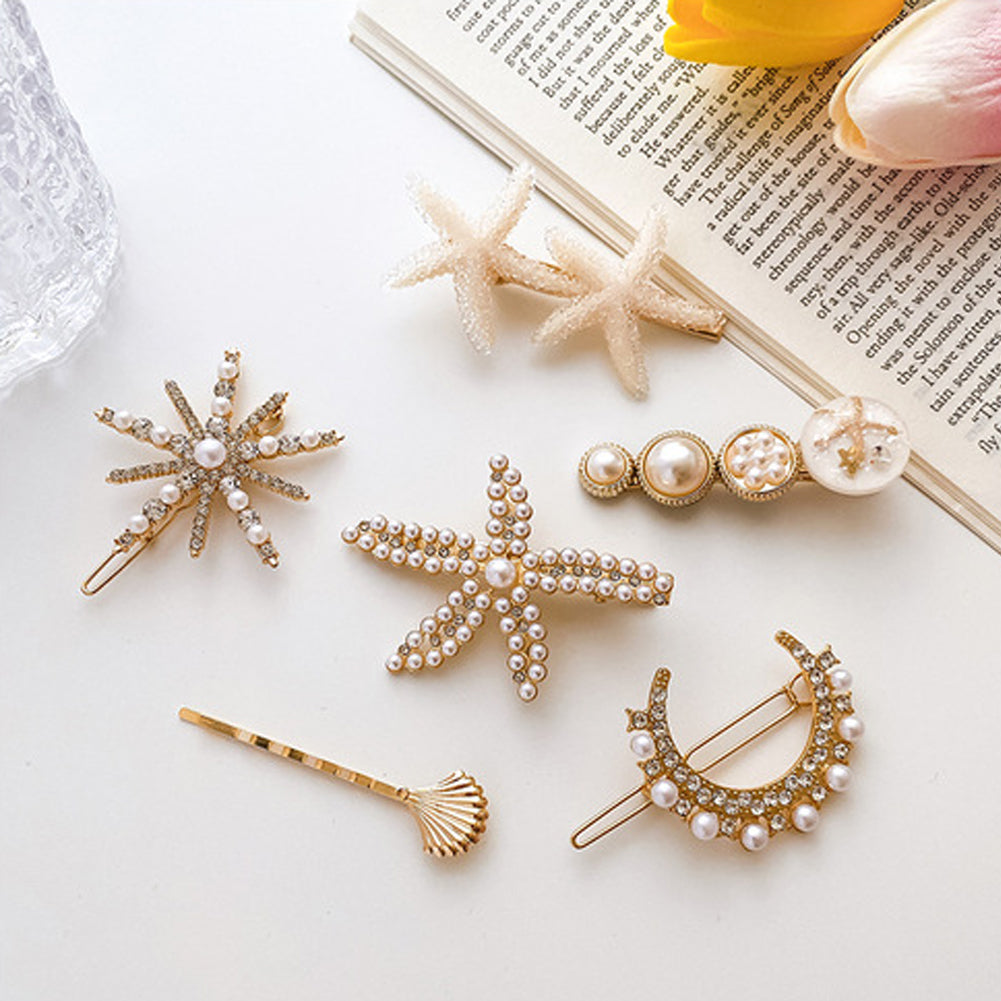 Pearl Hair Clip Set for Women Korean Hairpin Geometric Crystal Starfish Star Moon Butterfly Hair Barrettes Hair Accessories
