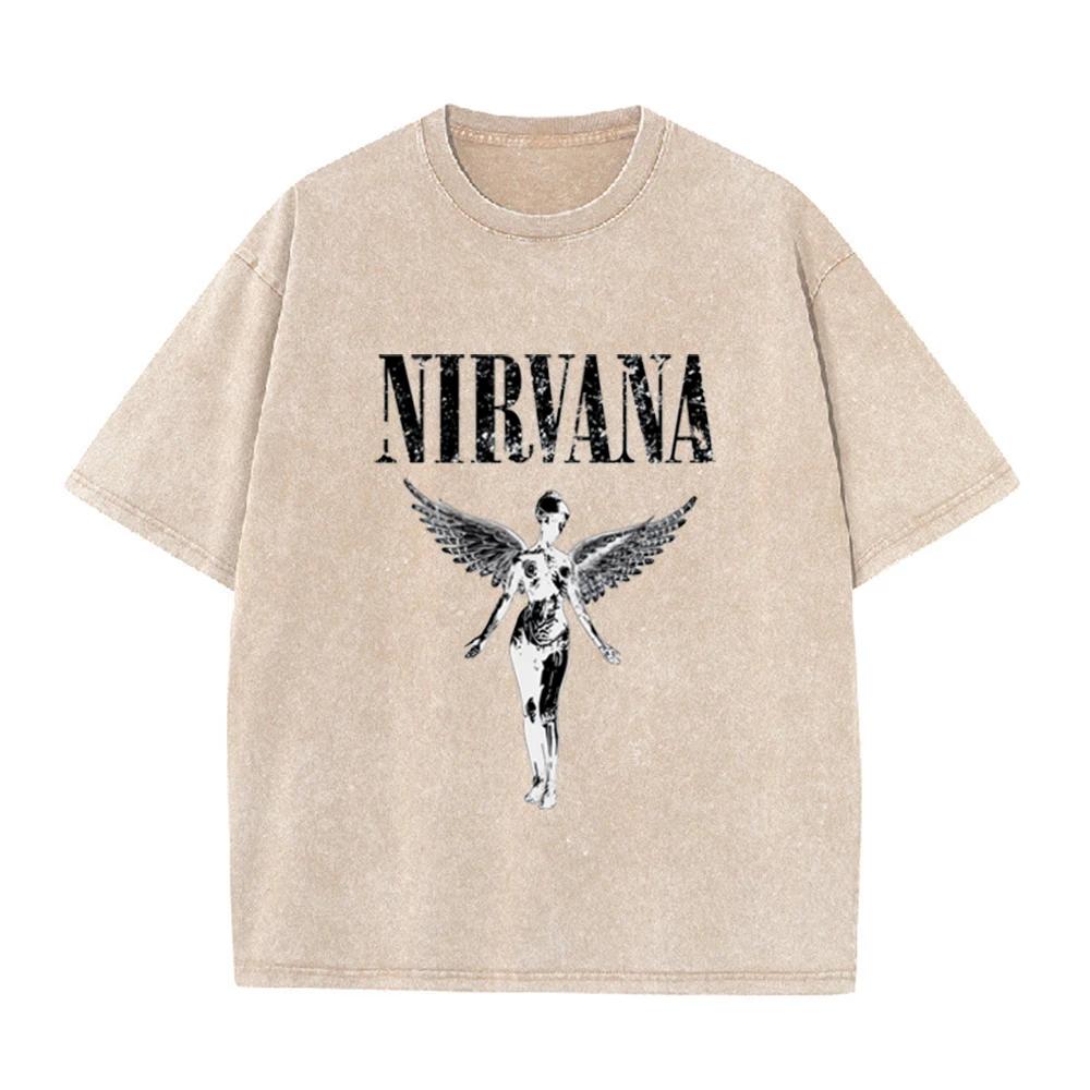 T-shirt Lavata Vintage Nirvana Punk Rock Angelo d'Argento Stampa Teschio Maniche Corte Larghe