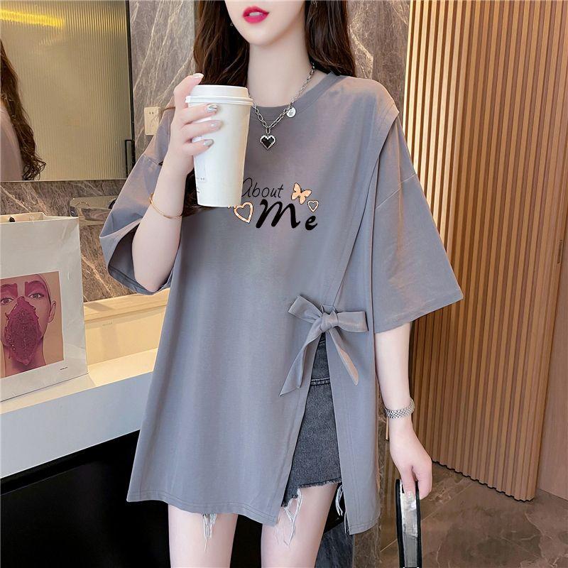 Korean Style Casual Letter Print Short Sleeve T-shirts Women's Summer T-Shirt Loose Fit Bow Splicing Tops